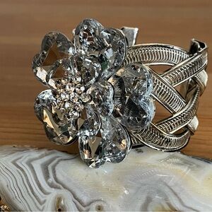 Crystal CZ Flower Statement Cuff Bracelet Basket Weave- Silvertone